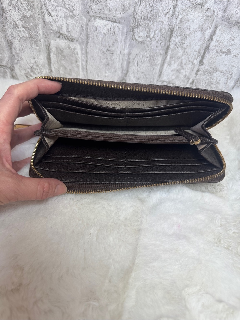 Michael Kors Dark Brown Monogram Zip Wallet with Gold Plaque - Picture 3 of 4